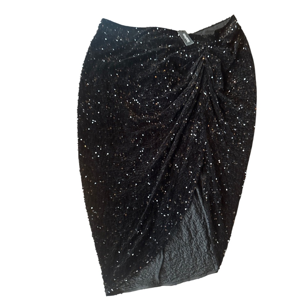 Boohoo Sequin Ruched Midi Skirt Women 20 Black Party Cocktail Side Slit NWT